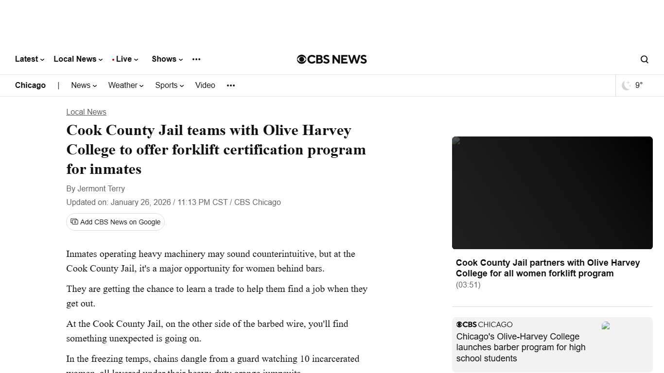Cook County Jail teams with Olive Harvey College to offer forklift certification program for inmates - CBS Chicago