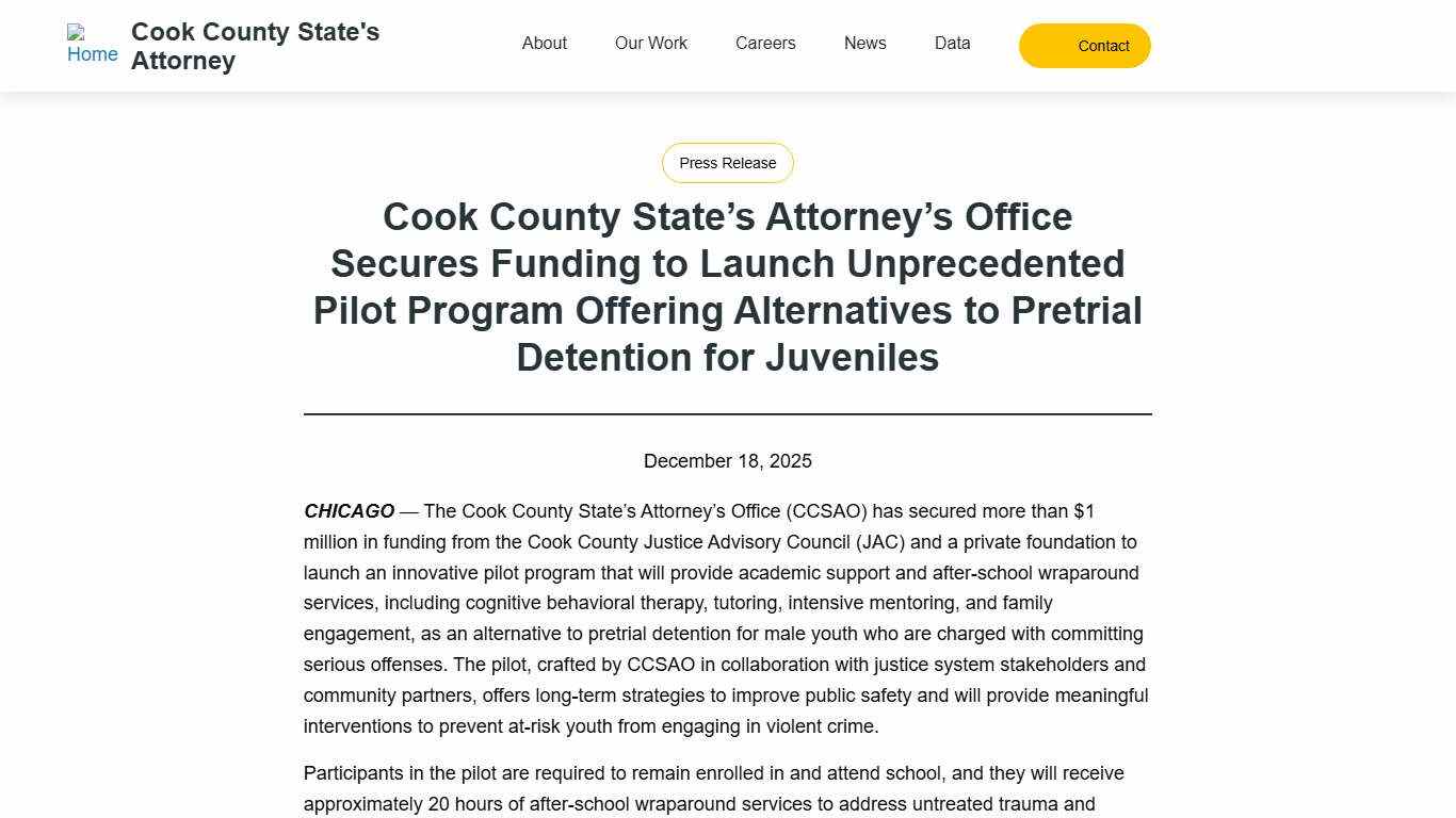 Cook County State’s Attorney’s Office Secures Funding to Launch Unprecedented Pilot Program Offering Alternatives to Pretrial Detention for Juveniles Cook County State's Attorney